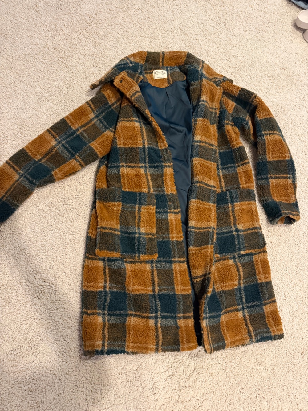 Joyfolie Plaid Sherpa Jacket in Mustard and Teal